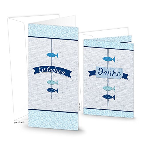 Logbuch-Verlag Set 10 Einladungen + 10 Danke Karte Kommunion Firmung Taufe Hochzeit blau weiß türkis Fische von Logbuch-Verlag