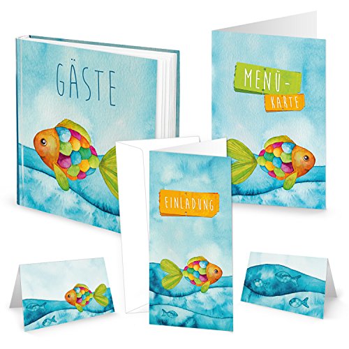 Logbuch-Verlag SET Gästebuch Kinder Fisch 10 Einladungskarten 10 Menükarten 25 Tischkarten Regenbogenfisch Taufe Kinder Kommunion Geburtstag von Logbuch-Verlag