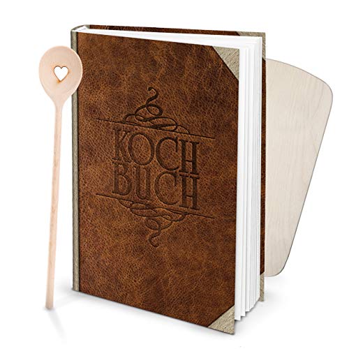 Logbuch-Verlag Set großes Rezeptbuch in Lederoptik zum Selberschreiben DIN A4 + Kochlöffel + kleines Holzbrett für die Küche - Geschenkidee Weihnachten von Logbuch-Verlag