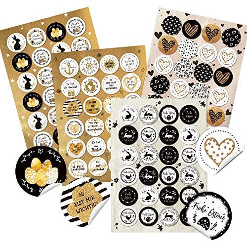 Logbuch-Verlag Sticker Set 4 x 24 Geschenkaufkleber rund Ø 4 cm Ostern Herzen Liebe Aufkleber schwarz weiß gold von Logbuch-Verlag