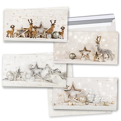 Logbuch-Verlag Weihnachtskarten Set 4 x 2 weihnachtliche Klappkarten Grußkarten Weihnachten gold silber grau Rentier Shabby Chic DIN lang mit Kuvert von Logbuch-Verlag