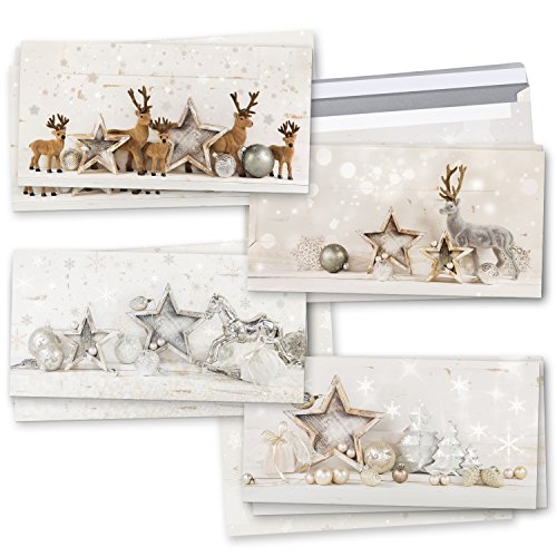 Logbuch-Verlag Weihnachtskarten Set 4 x 3 weihnachtliche Klappkarten Grußkarten Weihnachten gold silber grau Rentier Shabby Chic DIN lang mit Kuvert von Logbuch-Verlag
