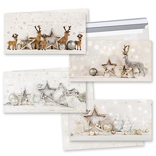 Logbuch-Verlag Weihnachtskarten Set 4 weihnachtliche Klappkarten Grußkarten Weihnachten gold silber grau Rentier Shabby Chic DIN lang mit Kuvert von Logbuch-Verlag