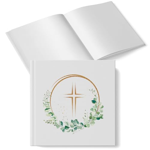 Gästebuch mit Kreuz & Eukalyptus-Kranz: Fotoalbum für Taufe, Kommunion, Konfirmation & Firmung, Erinnerungsbuch Hardcover, Erinnerungsalbum Hochzeit, 48 Blanko Seiten, Weiß, Grün, Gold, 15 x 15 cm von Logbuch-Verlag