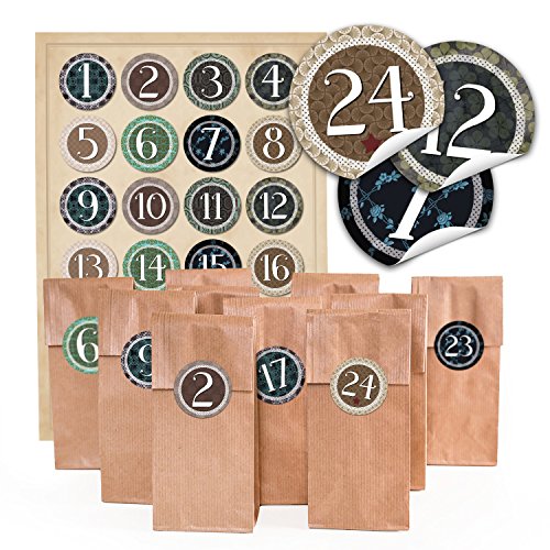 Logbuch-Verlag vintage Adventskalender zum Befüllen Kraftpapier 24 Papiertüten mit Zahlen Aufkleber 1-24 von Logbuch-Verlag