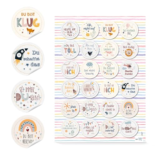 Motivationsaufkleber Kinder 24 Stück – runde Affirmations-Sticker mit positiven Sprüchen für Schule, 4 cm, für Lehrer & Eltern zur Stärkung – Logbuch-Verlag von Logbuch-Verlag