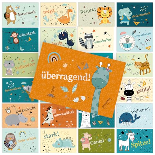 Motivationskarten Tiere 24 Stück – Karteikarten, Tischkarten mit Lobworten & bunten Tiermotiven, Schulstart, Kindergeburtstag, 8,5x5,5 cm, Rückseite beschreibbar – Logbuch-Verlag von Logbuch-Verlag