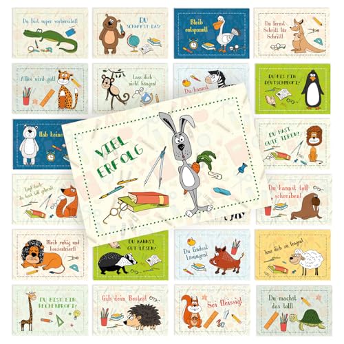 Motivationskarten Tiere 24 Stück – Mini-Karten, Karteikarten mit Sprüchen & Tieren für Kinder, Glücksbringer zum Schulstart, 8,5x5,5 cm, Rückseite beschreibbar – Logbuch-Verlag von Logbuch-Verlag