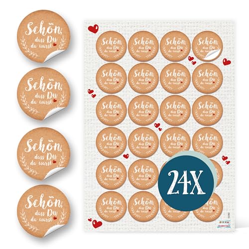 Spruchaufkleber, 24er Set: Runde Sticker mit Sprüchen, Aufkleber Rund, Spruch Schön Dass Du Da Warst, Geschenkaufkleber Sprüche, Zum Aufkleben, Erwachsene & Kinder, Give-Away Kraftpapier-Optik, ⌀ 4 cm von Logbuch-Verlag