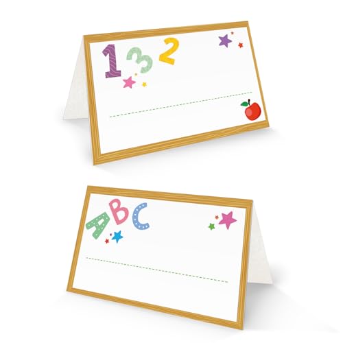 Tischkarten zur Einschulung/Schulanfang für Kinder – Set mit 25 Stück, Vorder- und Rückseite beschreibbar, 8,5 x 5,5 cm, fröhlich-buntes Design mit ABC & Zahlen von Logbuch-Verlag