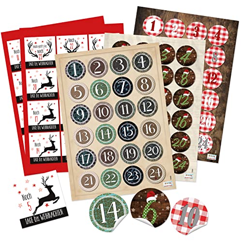 Zahlenaufkleber Adventskalender, 4 x 24 Stück: Zahlen Sticker Kalender 1 bis 24, Aufkleber Weihnachten & Advent, Zahlenaufsticker Rund, Adventskalenderzahlen, Klebezahlen, Etiketten Ziffern von Logbuch-Verlag