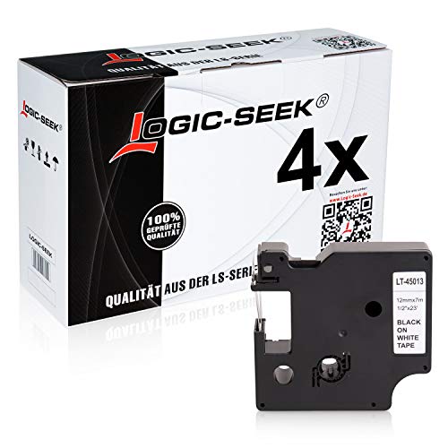 4 Logic-Seek Schriftbänder kompatibel mit 45013 Etikettenband 12 mm x 7 m Schwarz auf Weiß für Labelmanager von Logic-Seek