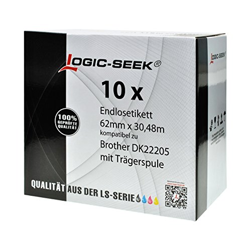 Logic-Seek 10x Endlos-Etikett kompatibel für Brother DK22205 62mm x 30,48m P-Touch QL-1050 1060N 500 550 560 570 580 700 500 A BS BW 560 VP YX 580N 650TD 710W 720NW von Logic-Seek