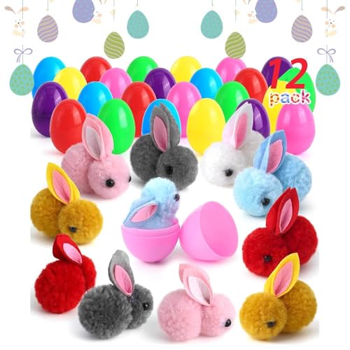12 Stk Gefüllte Ostereier mit 12 Mini Bunny Spielzeug, Ostern Geschenke, Ostern Spielzeug, Ostergeschenke Baster Stuffer für Kinder und Kleinkinder, Ostereiersuche, Partygeschenke (Plüschhase 12pcs) von Loimol