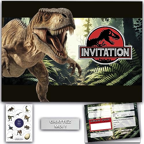 Lola et Louis (L&L) Komplettes Einladungs-Set für 10 Gäste, Mädchen oder Junge: Umschläge, geheime Nachricht zum Rubbeln, Einladungskarten, Dinos, Dinosaurier, Jurassic, Dekoaufkleber, Einladungen von Lola et Louis (L&L)