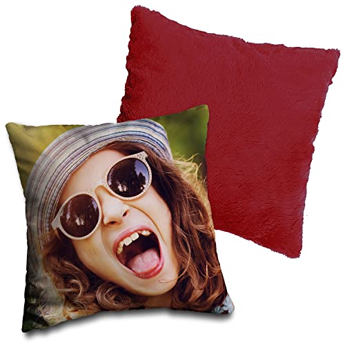 LolaPix Kissen mit Foto. Personalisierte Kissen. Gedruckt auf Samtstoff. 45 x 45 cm. Plüschrücken. Unsichtbarer Reißverschluß. Originelle Geschenke Rotes Plüsch-Kissen von LolaPix