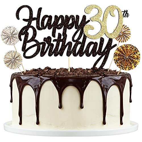 Tortendeko Schwarzes Gold 30th, Happy Birthday Cake Topper, Papierfächer Cupcake, 30. Kuchendeko Tortenstecker für Geburtstag Deko Männer Frauen von Lollanda