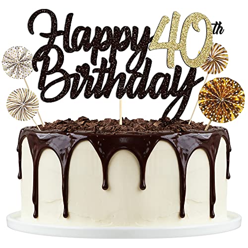 Tortendeko Schwarzes Gold 40th, Happy Birthday Cake Topper, Papierfächer Cupcake, 40. Kuchendeko Tortenstecker für Geburtstag Deko Männer Frauen von Lollanda