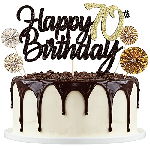 Tortendeko Schwarzes Gold 70th, Happy Birthday Cake Topper, Papierfächer Cupcake, 70. Kuchendeko Tortenstecker für Geburtstag Deko Männer Frauen von Lollanda