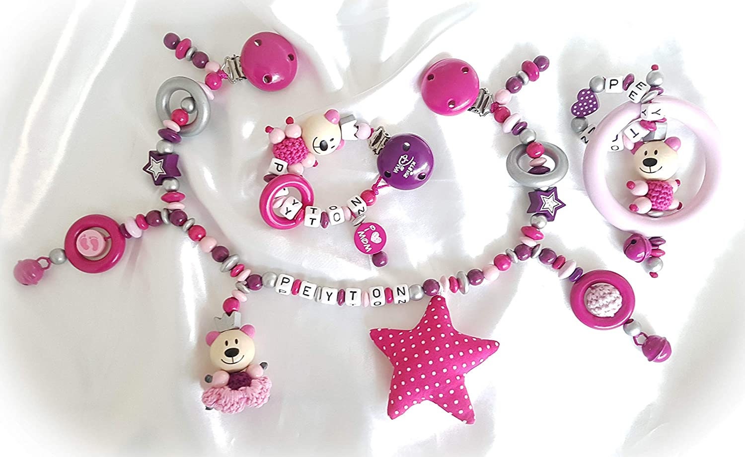 Kinderwagenkette Mit Namen - Geschenk Zur Taufe, Geburt | Set Kinderwagen-, Spiel- Und Schnullerkette Pink, Silber, Lila Kinderwagenkette Mit Namen - Geschenk Zur Taufe, Geburt | Set Kinderwagen-, Spiel- Und Schnullerkette Pink, Silber, Lila von Lollebys