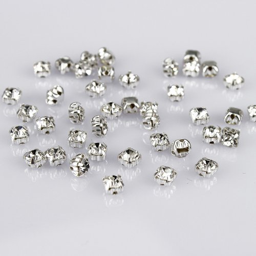 LolliBeads™ Kristall-Strasssteine, tschechisches Glas, mit Ringen zum Aufnähen, mit versilberter Messing-Basis, Halterung mit Zinken, zum Aufnähen auf DIY-Projekte, glas, White Crystal-3mm-100pcs von LolliBeads