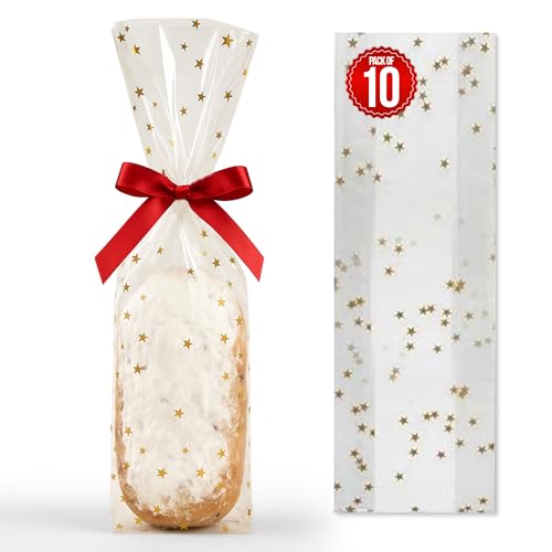 Lomatek Stollenbeutel 10 Stück – 20x7x34 cm – PP Gebäcktüten & Stollentüten mit Sternenmotiv – lebensmittelechte Weihnachtsbeutel für Stollen, Gebäck & Kekse von Lomatek