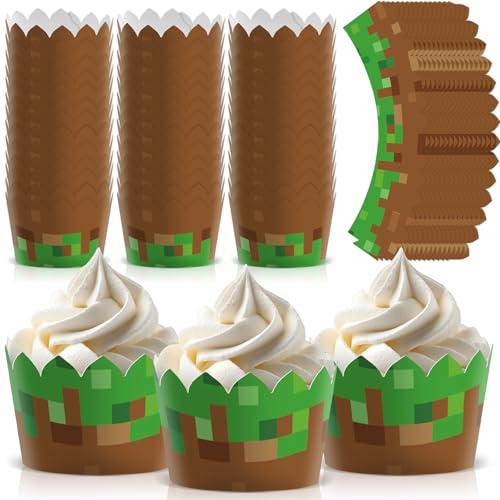 Cupcake-Förmchen mit Pixel-Thema, Mining-Pixel, Geburtstagskuchendekorationen, Videospiel, Cupcake-Einlagen, Gamer, Party, Cup-Cake-Halter, Wraps für Kinder, Jungen, Geburtstag, Videospiel von Lonfliness