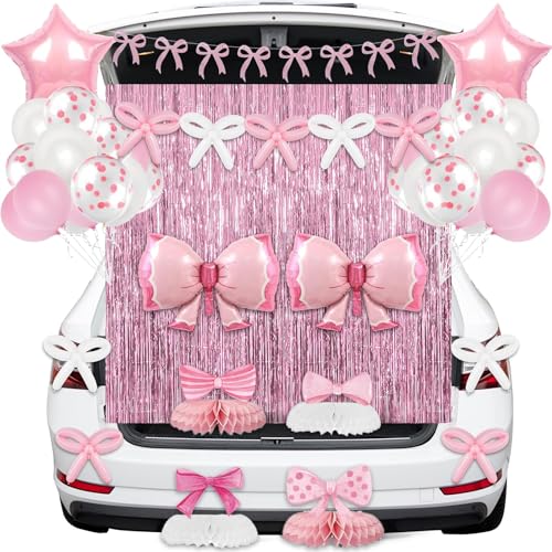 Halloween Trunk or Treat Pink Bow Car Decorations Kit Pink Girls Party Background Supplies with Bow Banner, Lametta Curtain Honeycomb & Balloons for SUV Home School Torbogen Garage Outdoor Party Decor von Lonfliness