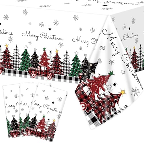 Lonfliness 3 x weihnachtliche Büffel-Tischdecken, Weihnachtsbaum, Schneeflocke, LKW, wasserdichte Kunststoff-Tischdecke für Winter, Picknick, Camping, Geburtstag, Urlaub, Partyzubehör, Tischdekoration von Lonfliness