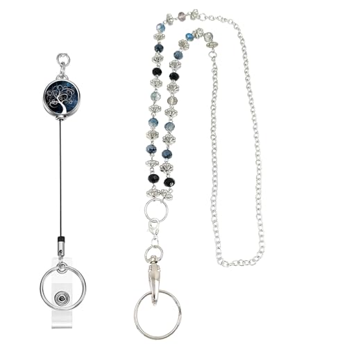 Ausgefallene Perlen-Lanyards für Frauen mit Ausweishalter, Naturstein-Halskette, universelles Accessoire, niedlicher Lehrer, einziehbarer Schlüsselanhänger, Handygurt mit 2 Haltegurten und 3 von Long Pond