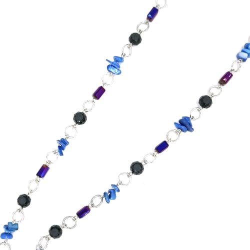 Fancy Perlen-Lanyards für Damen, mit Ausweishalter, Naturstein-Halskette, universelles Accessoire, niedlicher Lehrer, einziehbarer Handygurt mit 2 Haltegurten und 3 Kartenhaltern, Violett / Blau von Long Pond