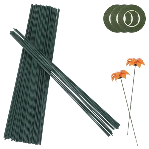 100 Stück Blumendraht Grün, 30cm Blumenstamm Steckdraht Floristik, Grün Basteldraht 2mm mit 3 Bände Floristenband, Draht zum Basteln für Die DIY-Blumenstraußherstellung(100) von LongHoneySong