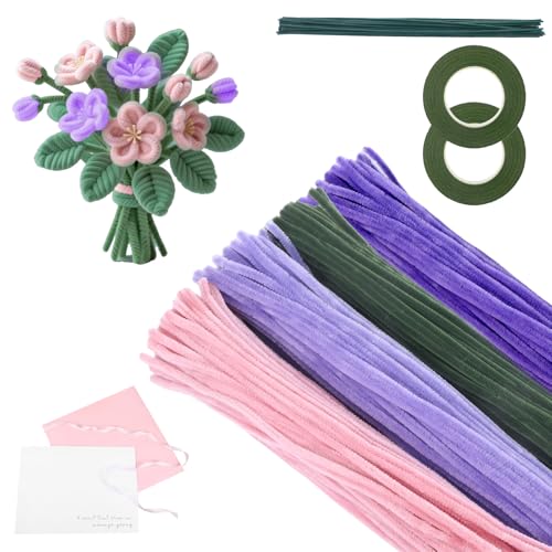 LongHoneySong 400 Stk Pfeifenputzer zum Basteln Blumen, Pfeifenreiniger zum Basteln Set in 4 Farben mit 20 Blumenstäbchen, 2 Rollen Floristenkrepp, Geschenkpapier, Geschenkband (Grün) von LongHoneySong