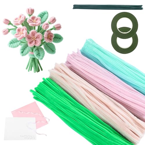 LongHoneySong 400stk Pfeifenputzer zum Basteln Blumen, Pfeifenreiniger zum Basteln set in 4 Farben mit 20 Blumenstäbchen, 2 Rollen Floristenkrepp, Geschenkpapier, Geschenkband (Rosa) von LongHoneySong