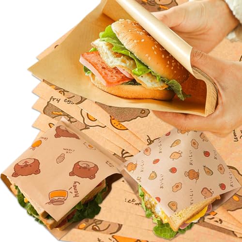 Longbest 100pcs Dreieck Papiertüte für Lebensmittelverpackung, Einweg-Burger Sandwich Brot Snacks Fettfeste Verpackungspapiertüte Keine Notwendigkeit zu falten (18x18cm Lemon Bear Style) von Longbest