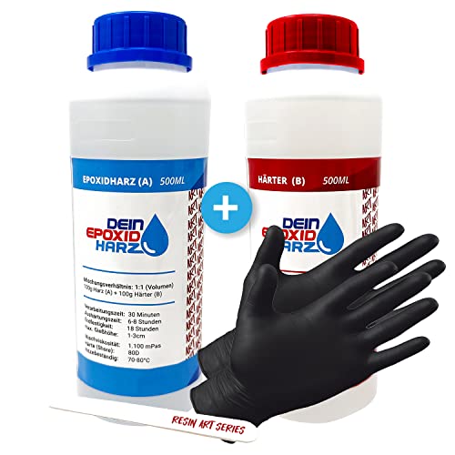 Epoxidharz mit Härter - RESIN ART | 1:1 Formel | 1000ml | Kristallklar, UV-Schutz, Mittelviskos | im Set mit Handschuhe + Rührstab von Longfair