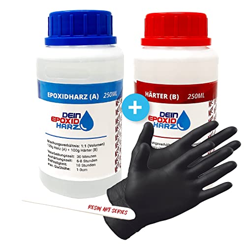 Epoxidharz mit Härter - RESIN ART | 1:1 Formel | 500ml | Kristallklar, UV-Schutz, Mittelviskos | im Set mit Handschuhe + Rührstab von Longfair