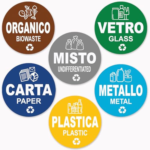 Longivia® 12 Aufkleber für Mülltrennung, Format 9,5 cm Durchmesser – Etiketten für Abfallbehälter in Italienisch und Englisch – Aufkleber für Recycling, waschbar, kratzfest, strapazierfähig von Longivia