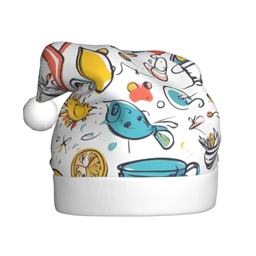Longzehao Weihnachtsmütze für Erwachsene, Plüsch, dekorativ, bunt, handgezeichnete Federn auf weißem Druck, Uni, Weihnachtsmannmütze für Weihnachtsaccessoires Longzehao Weihnachtsmütze für Erwachsene, Plüsch, dekorativ, bunt, handgezeichnete Federn auf weißem Druck, Uni, Weihnachtsmannmütze für Weihnachtsaccessoires von Longzehao