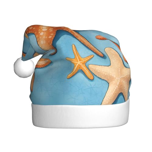 Longzehao Weihnachtsmütze für Erwachsene, Plüsch, dekorativer blauer Hintergrund, Seestern-Druck, Uni, Weihnachtsmannmütze für Weihnachtszubehör Longzehao Weihnachtsmütze für Erwachsene, Plüsch, dekorativer blauer Hintergrund, Seestern-Druck, Uni, Weihnachtsmannmütze für Weihnachtszubehör von Longzehao