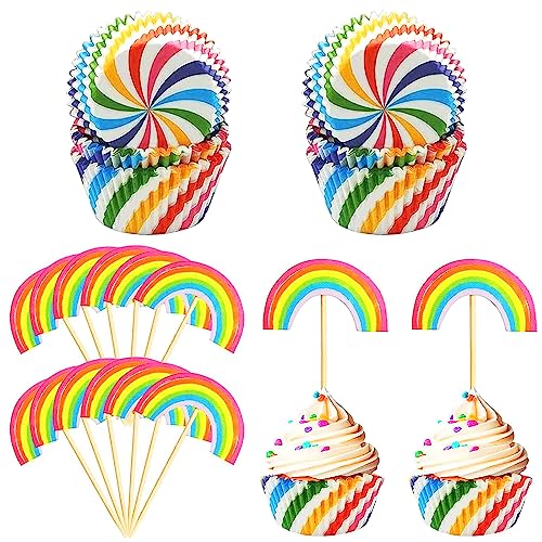 100 Stück Regenbogen Tortendeko Rainbow Cake Topper und 12 Stück Regenbogen Deko Form Cupcake Topper,Muffin Backförmchen, für Kinder Geburtstag Baby Shower. (Farbwirbel) von Lonimia