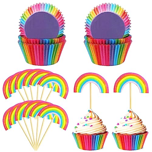 100 Stück Regenbogen Tortendeko Rainbow Cake Topper und 12 Stück Regenbogen Deko Form Cupcake Topper,Muffin Backförmchen, für Kinder Geburtstag Baby Shower. (Regenbogengrenze) von Lonimia