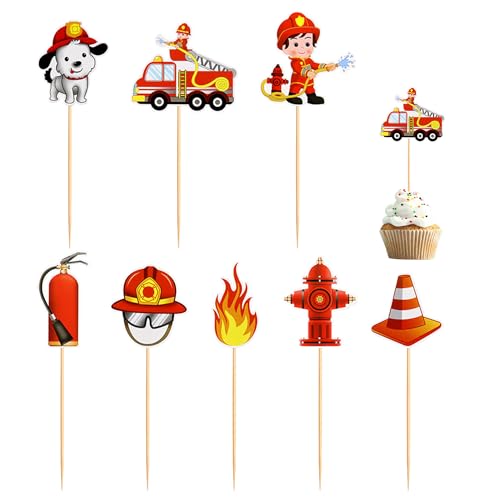 Feuerwehr Kuchen Dekorationen Zubehör, 24 Stück Fire Truck Cupcake Toppers Feuerwehrmann Geburtstag Tortendeko Feuerwehr für Feuerwehr Tischdekoration Kindergeburtstag von Lonimia