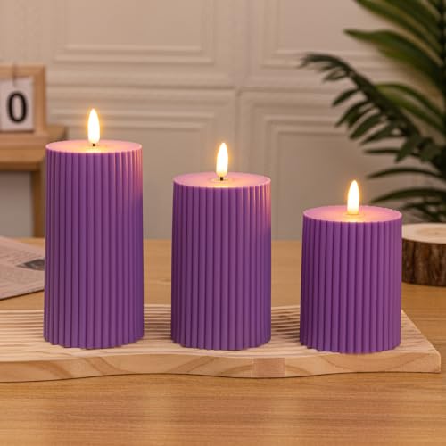 Lonkenn 3er-Set LED Kerzen, Flammenlose Batterie-Kerzen, Elektrische Outdoor Kerzenlichter, Batteriebetrieben, 3D Realistisch Flackernde Flamme (Batterie im Lieferumfang Enthalten)- Lila von Lonkenn