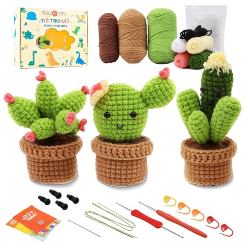 Lonsien Häkelset für Anfänger - 3 Cactus Häkeln Komplett Stricken Set - Crochet Set für Kinder und Erwachsene DIY Mit Häkelnadeln, Garn und Schritt-für-Schritt Videoanleitungen von Lonsien