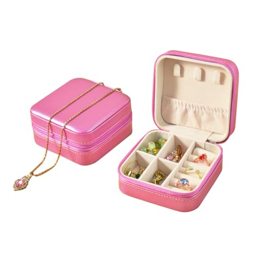 Lonwiner Klein Schmuckschatulle für Damen und Mädchen, Mini-Schmuckschatulle für Reisen, Schmuckorganizer für Ohrringe, Halsketten, Ringe, Hochzeitsgeschenk (Rosa, quadratisch) von Lonwiner