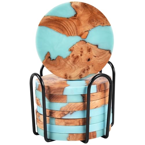 Getränkeuntersetzer-Set, saugfähige Untersetzer aus Holz, Epoxidharz-Untersetzer für Couchtisch, Tischschutzdekoration, moderne Untersetzer, 8er-Set mit Halter Getränkeuntersetzer-Set, saugfähige Untersetzer aus Holz, Epoxidharz-Untersetzer für Couchtisch, Tischschutzdekoration, moderne Untersetzer, 8er-Set mit Halter von Loongresinwood