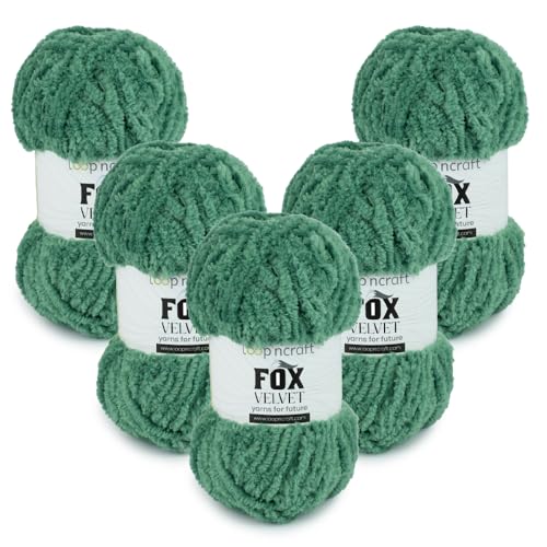 Chenille Garn 5er-Set, Benetton Grün, Loopncraft, 5 X 100g, Fox Velvet, Plüschiges Garn mit Fransen von Loopncraft