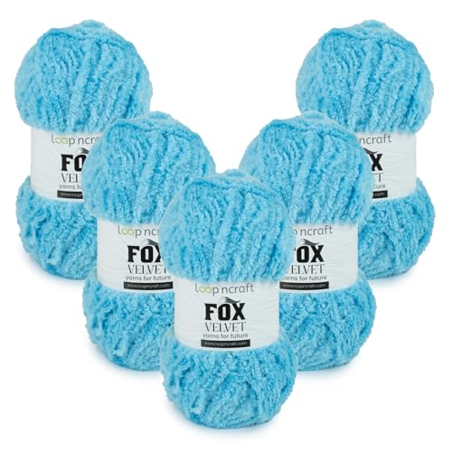 Chenille Garn 5er-Set, Türkis, Loopncraft, 5 X 100g, Fox Velvet, Plüschiges Garn mit Fransen von Loopncraft