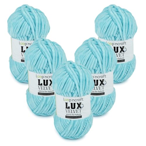 Chenille Wolle 5er-Set, Baby Blau, Loopncraft, 5 X 100g, Lux Velvet, Super Weiches Samtgarn von Loopncraft